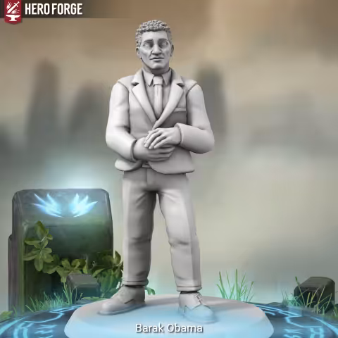 Screenshot from Heroforge of Obama smiling at the viewer confidently with his hands in front of him, standing up straight.